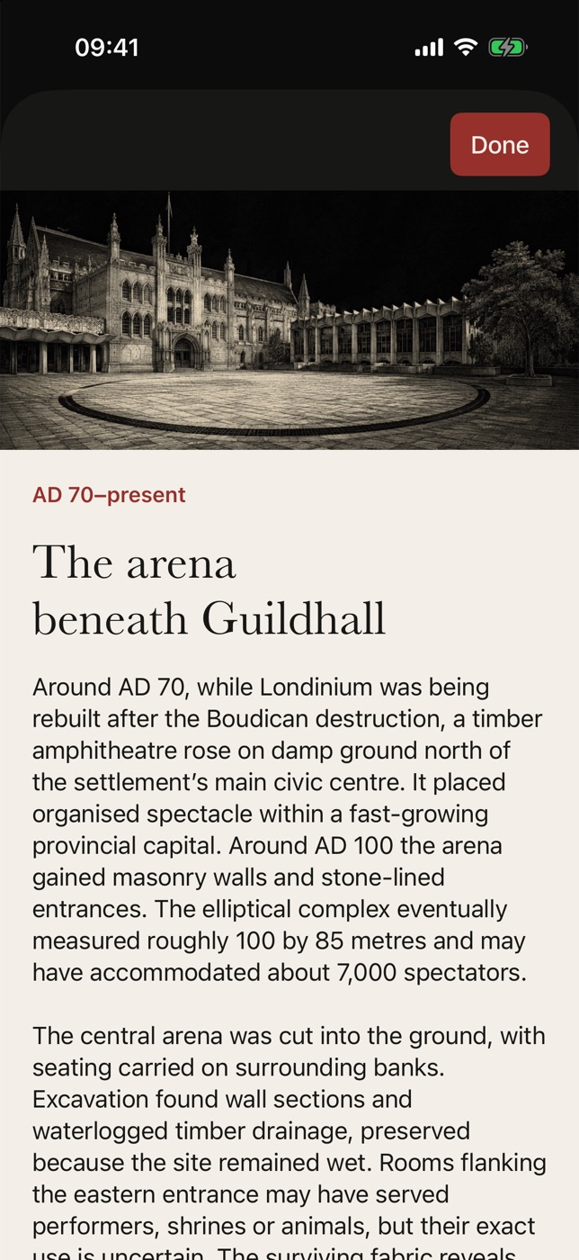 Re:Visit app showing a story about Queen Elizabeth's Hunting Lodge with its sources